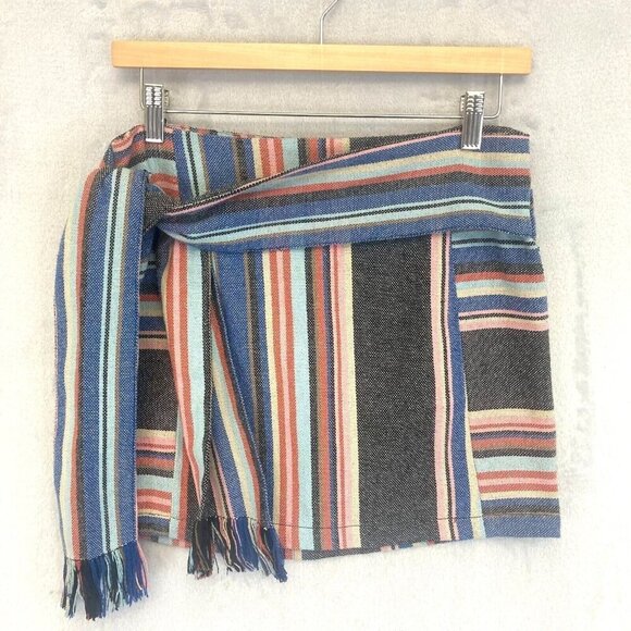 Guess Silas Woven Mini Skirt Womens Size 0 Striped Boho Multicolor Belted Fringe - Picture 1 of 9